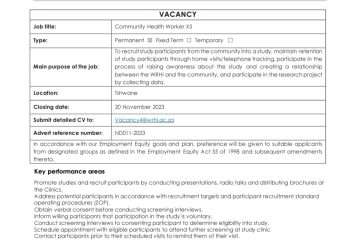 Community Health Worker at Wits Health Consortium